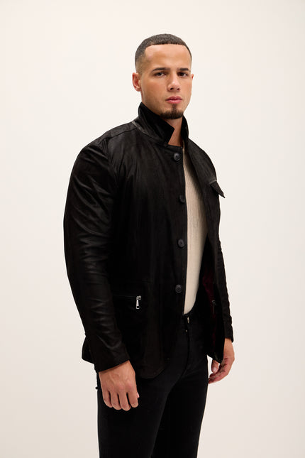 Men's Stand Collar Lambskin Leather Jacket - Black Suede - Ron Tomson Leather