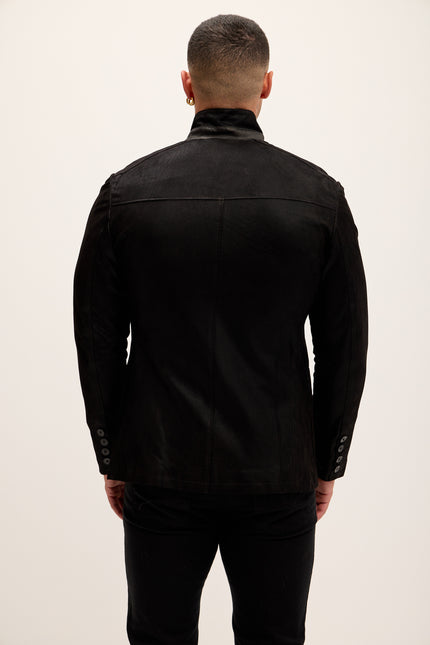 Men's Stand Collar Lambskin Leather Jacket - Black Suede - Ron Tomson Leather