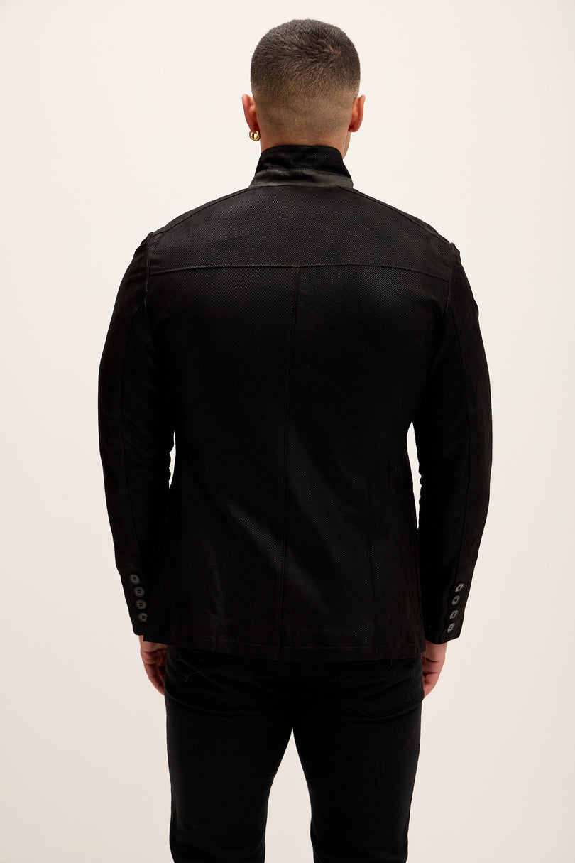Men's Stand Collar Lambskin Leather Jacket - Black Suede - Ron Tomson Leather
