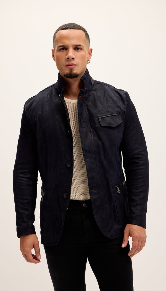 Stand Collar Lux Lambskin Leather Jacket - Navy - Ron Tomson