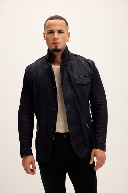 Men's Stand Collar Lambskin Leather Jacket - Navy Suede - Ron Tomson