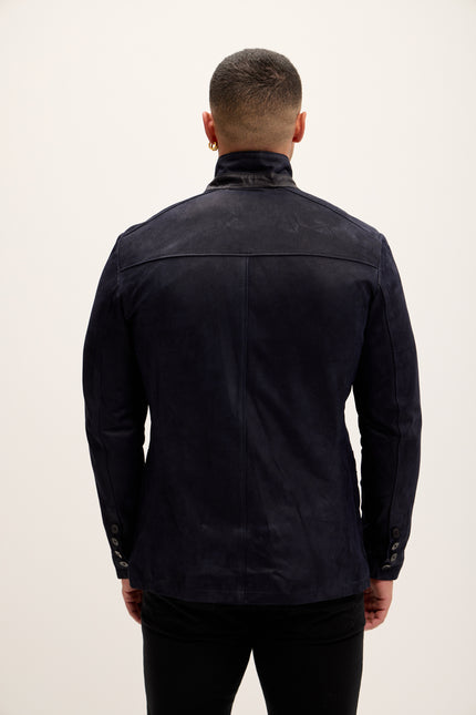 Men's Stand Collar Lambskin Leather Jacket - Navy Suede - Ron Tomson Leather
