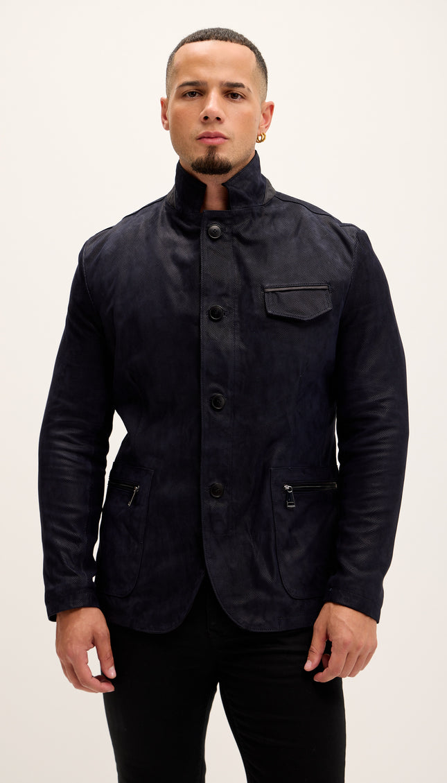 Stand Collar Lux Lambskin Leather Jacket - Navy - Ron Tomson