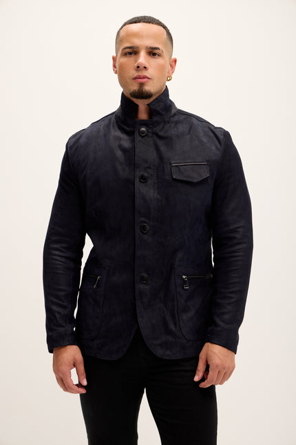 Men's Stand Collar Lambskin Leather Jacket - Navy Suede - Ron Tomson Leather