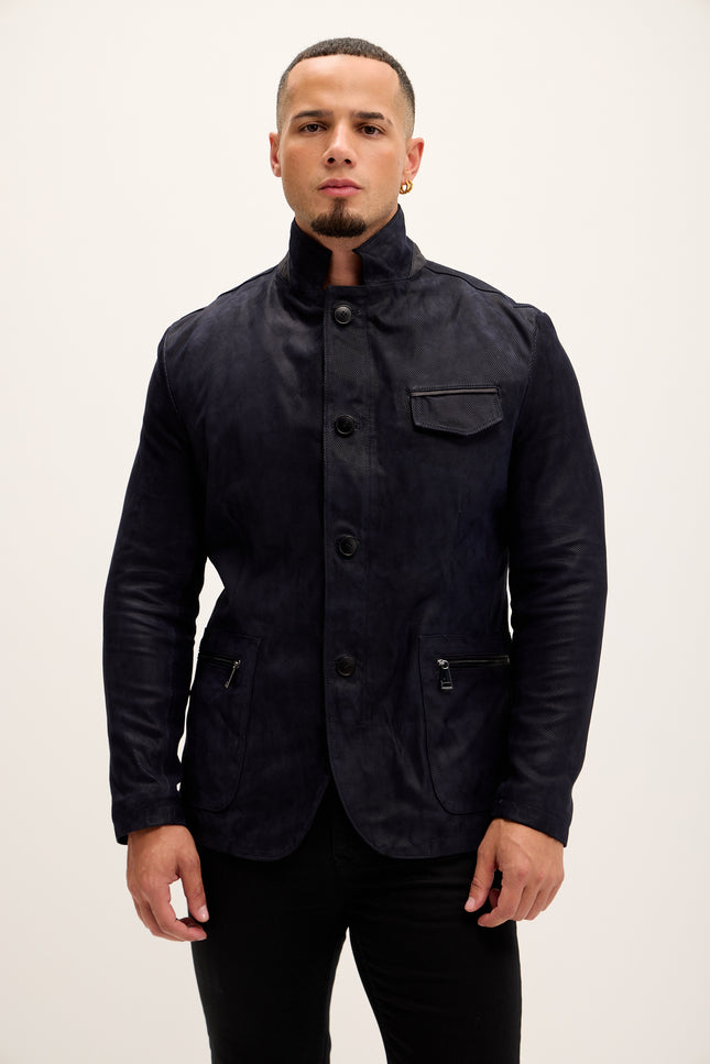 Men's Stand Collar Lambskin Leather Jacket - Navy Suede - Ron Tomson Leather