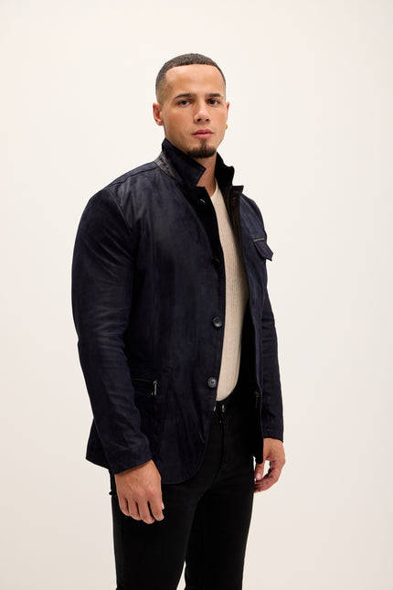 Men's Stand Collar Lambskin Leather Jacket - Navy Suede - Ron Tomson Leather