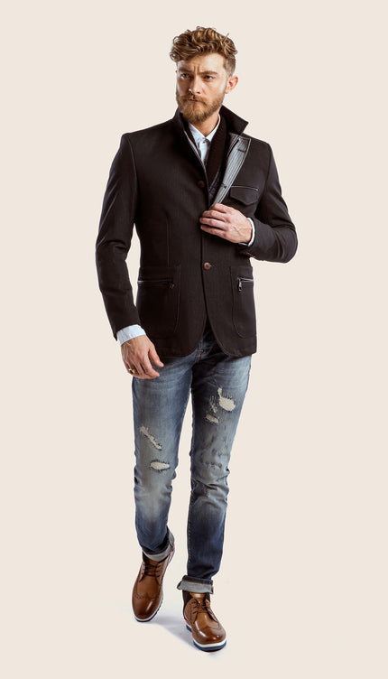 Stand Collar Sport Coat - Black - Ron Tomson