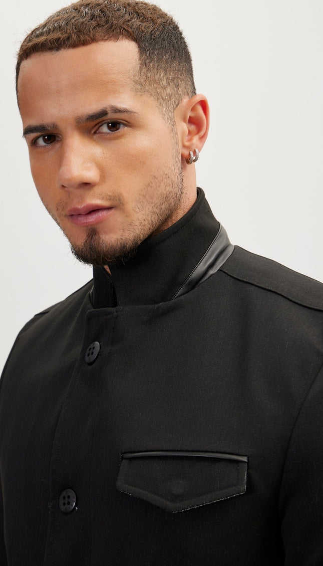 Stand Collar Sport Coat - Black - Ron Tomson