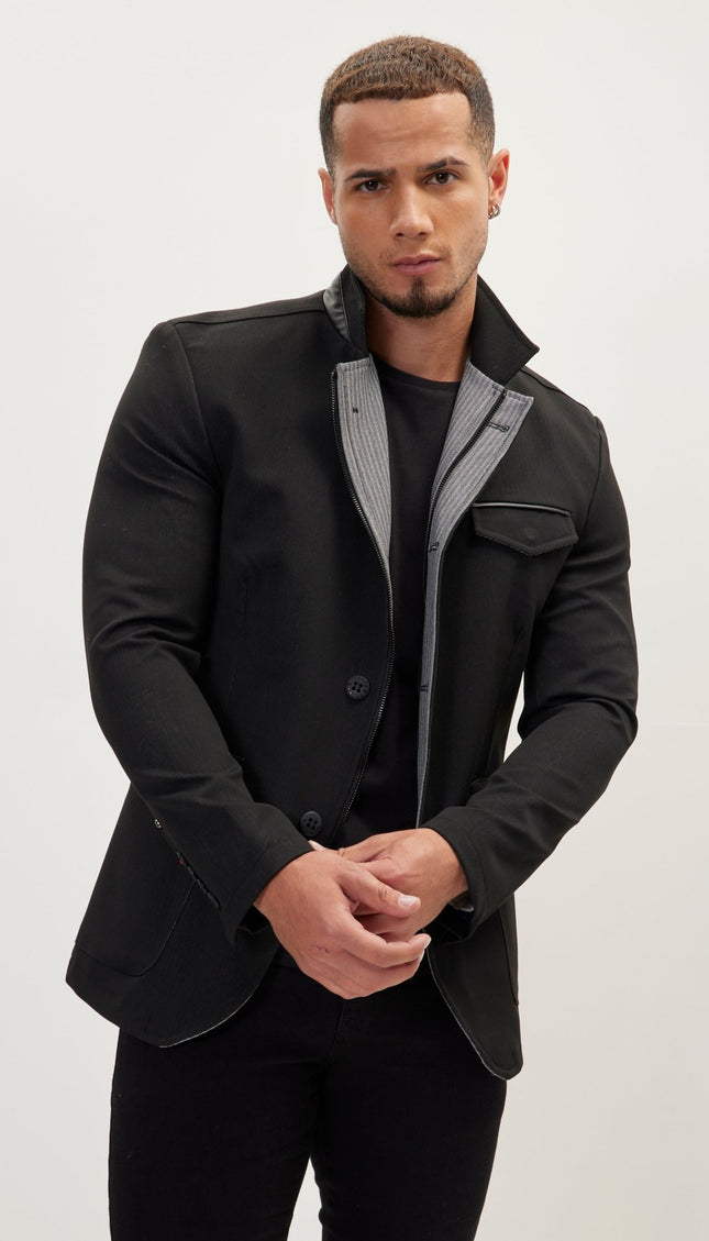 Stand Collar Sport Coat - Black - Ron Tomson