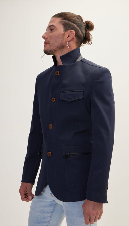 Stand Collar Sport Coat - Navy - Ron Tomson