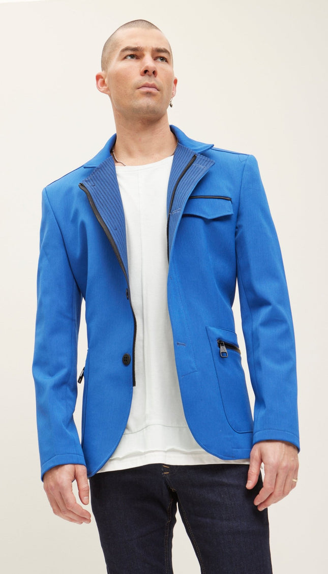 Stand Collar Sport Coat - Sax - Ron Tomson