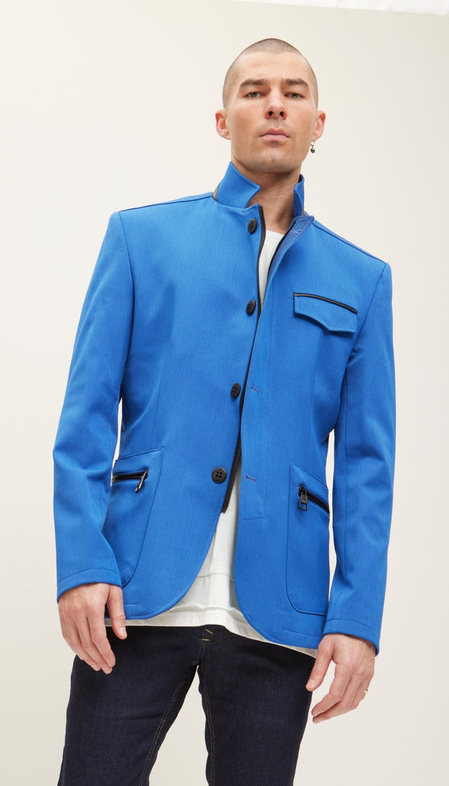 Stand Collar Sport Coat - Sax - Ron Tomson