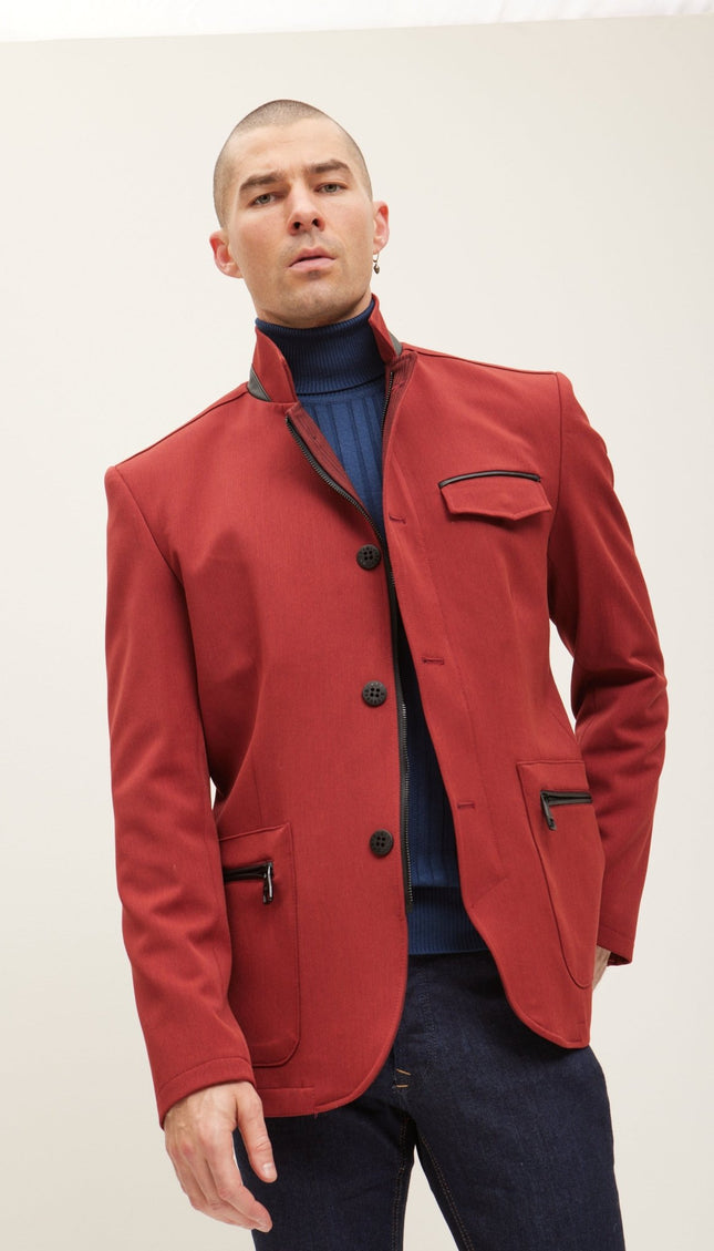 Stand Collar Sport Coat - Wine - Ron Tomson