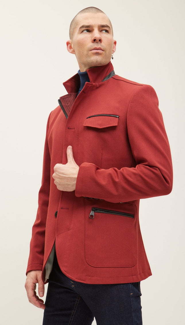 Stand Collar Sport Coat - Wine - Ron Tomson