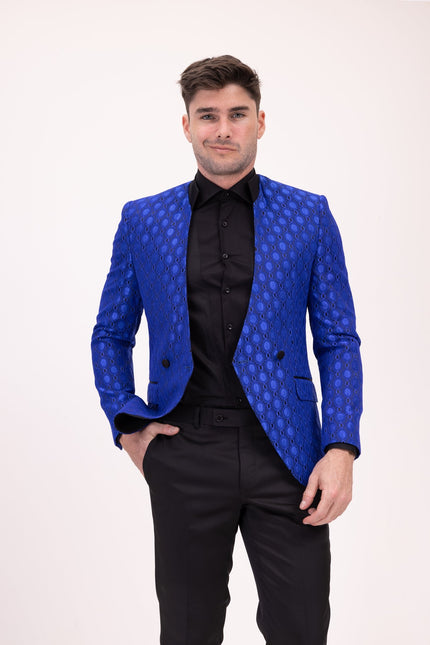 Stand Collar Symmetric Wrap Tuxedo Jacket - Blue - Ron Tomson