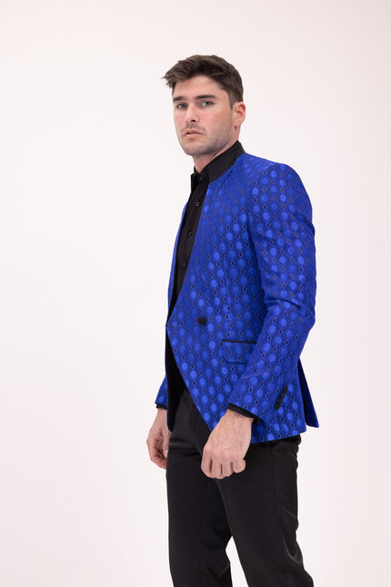 Stand Collar Symmetric Wrap Tuxedo Jacket - Blue - Ron Tomson