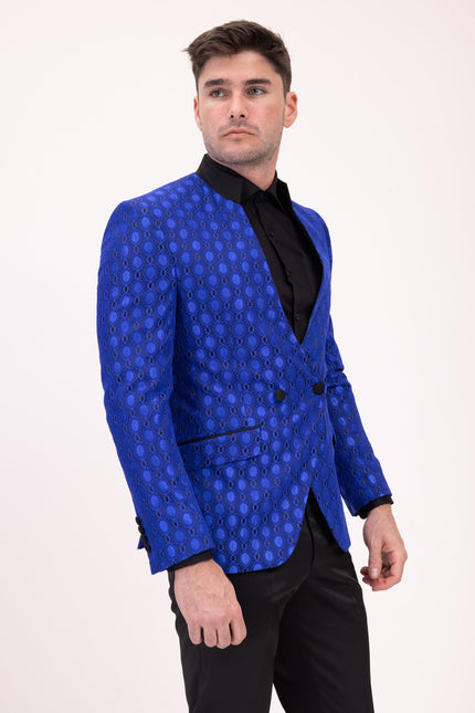 Stand Collar Symmetric Wrap Tuxedo Jacket - Blue - Ron Tomson