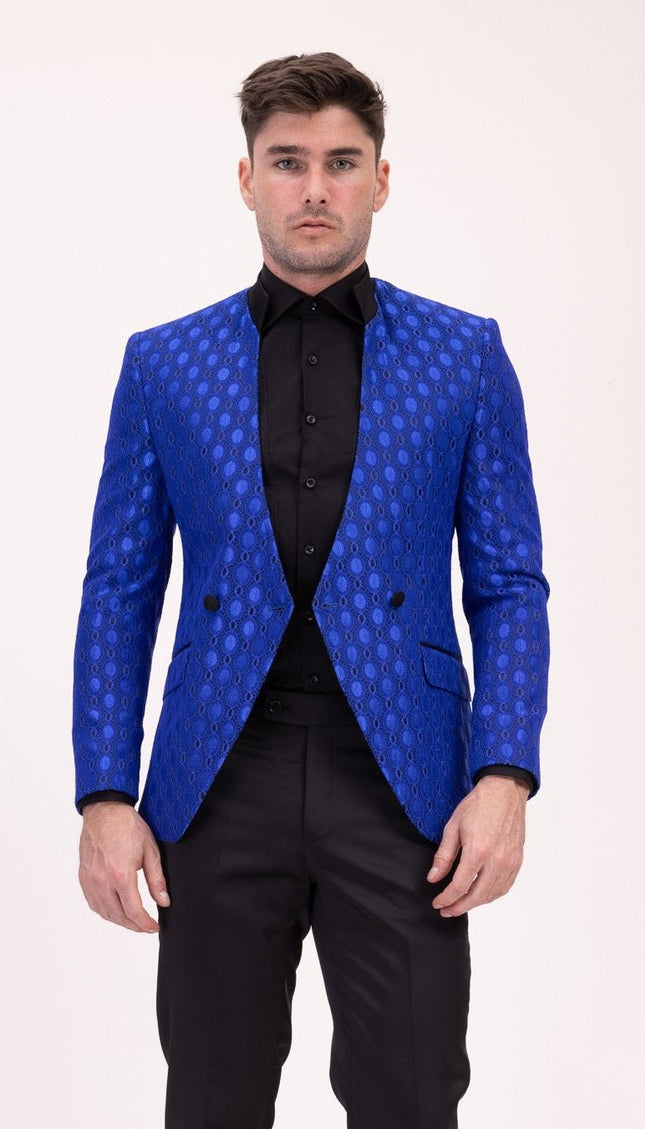 Stand Collar Symmetric Wrap Tuxedo Jacket - Blue - Ron Tomson