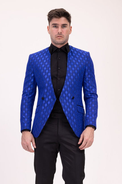 Stand Collar Symmetric Wrap Tuxedo Jacket - Blue - Ron Tomson
