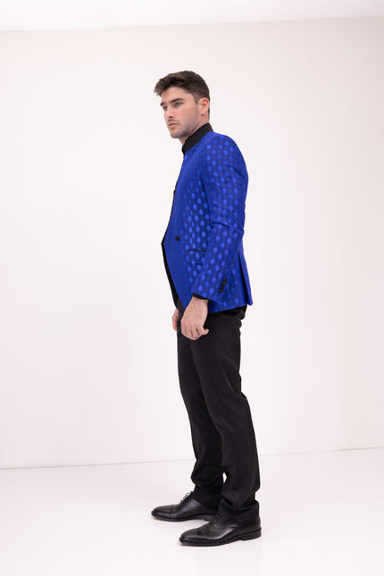 Stand Collar Symmetric Wrap Tuxedo Jacket - Blue - Ron Tomson