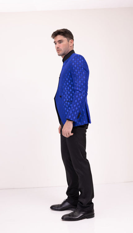 Stand Collar Symmetric Wrap Tuxedo Jacket - Blue - Ron Tomson