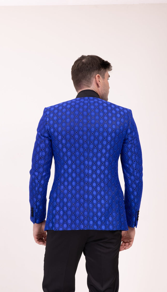 Stand Collar Symmetric Wrap Tuxedo Jacket - Blue - Ron Tomson