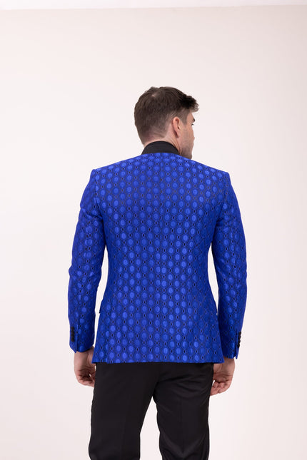 Stand Collar Symmetric Wrap Tuxedo Jacket - Blue - Ron Tomson