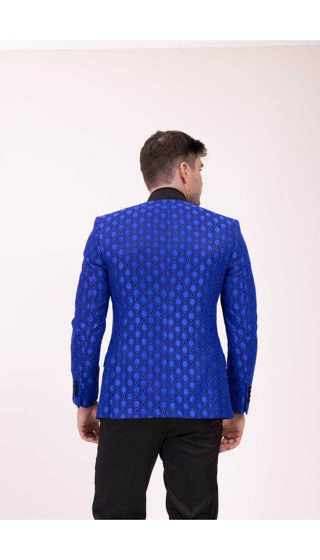 Stand Collar Symmetric Wrap Tuxedo Jacket - Blue - Ron Tomson