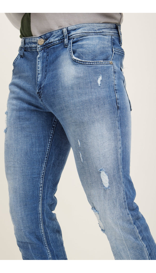 Straight Cut Cotton Denim Distressed Jeans- Indigo - Ron Tomson