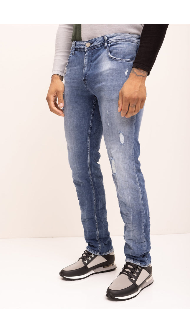 Straight Cut Cotton Denim Distressed Jeans- Indigo - Ron Tomson