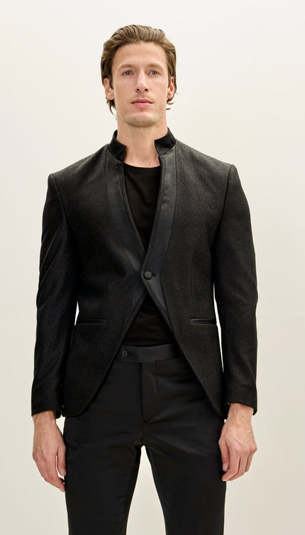 Streaked Satin Mandarin Collar Tuxedo Jacket - Black - Ron Tomson