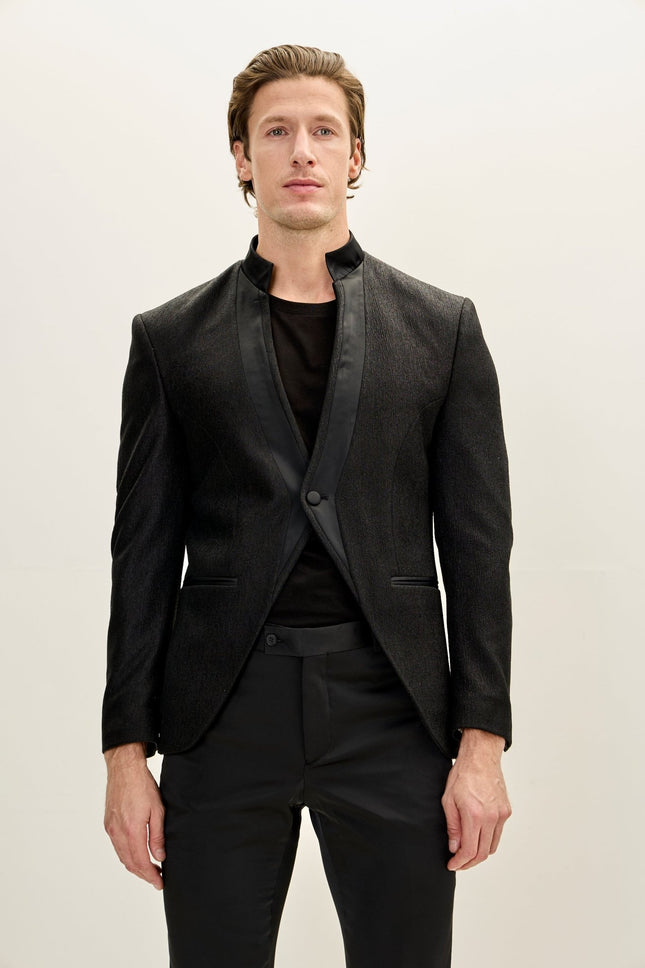Streaked Satin Mandarin Collar Tuxedo Jacket - Black - Ron Tomson