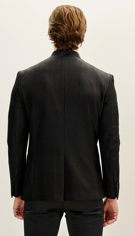 Streaked Satin Mandarin Collar Tuxedo Jacket - Black - Ron Tomson