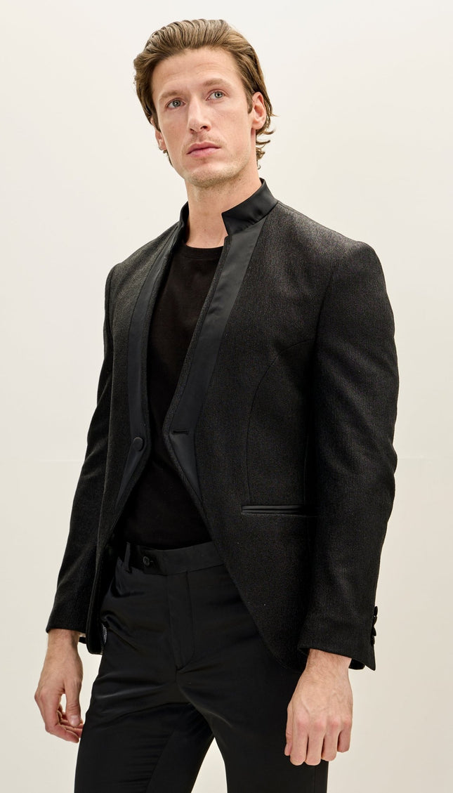 Streaked Satin Mandarin Collar Tuxedo Jacket - Black - Ron Tomson