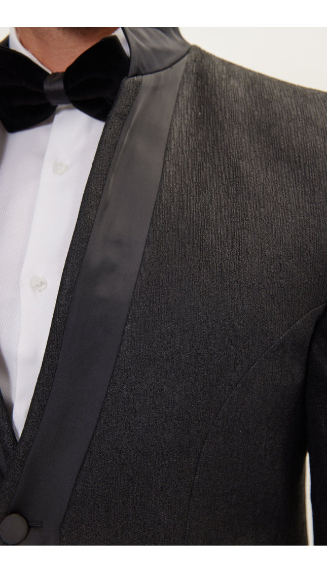 Streaked Satin Mandarin Collar Tuxedo Jacket - Black - Ron Tomson