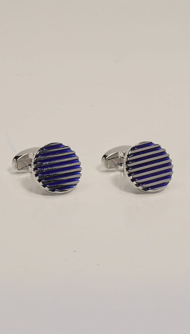 Striped Pattern Stainless Steel Cufflinks Silver Blue - Ron Tomson