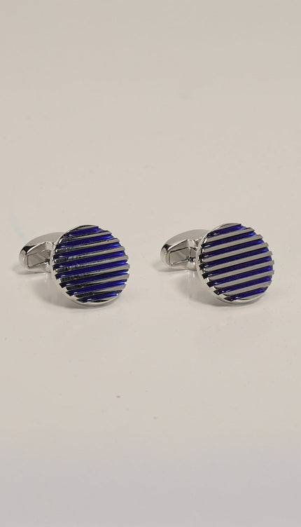 Striped Pattern Stainless Steel Cufflinks Silver Blue - Ron Tomson