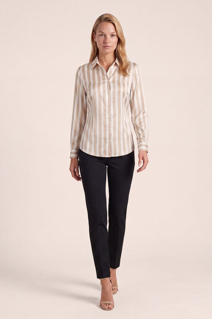 Striped Sateen Shirt - Beige - front view
