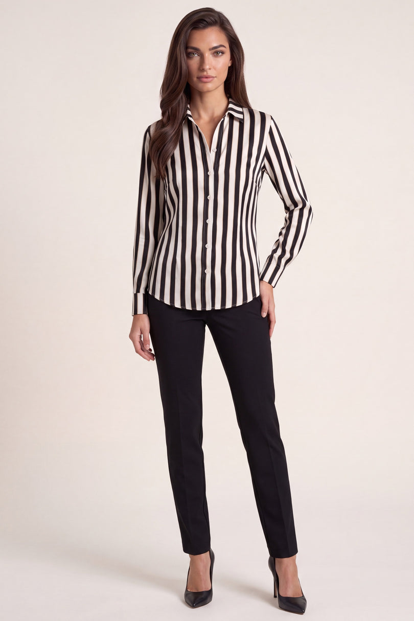 Striped Sateen Shirt - Black - front view