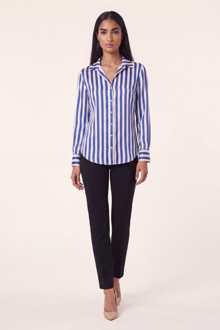 Striped Sateen Shirt - Blue - front view