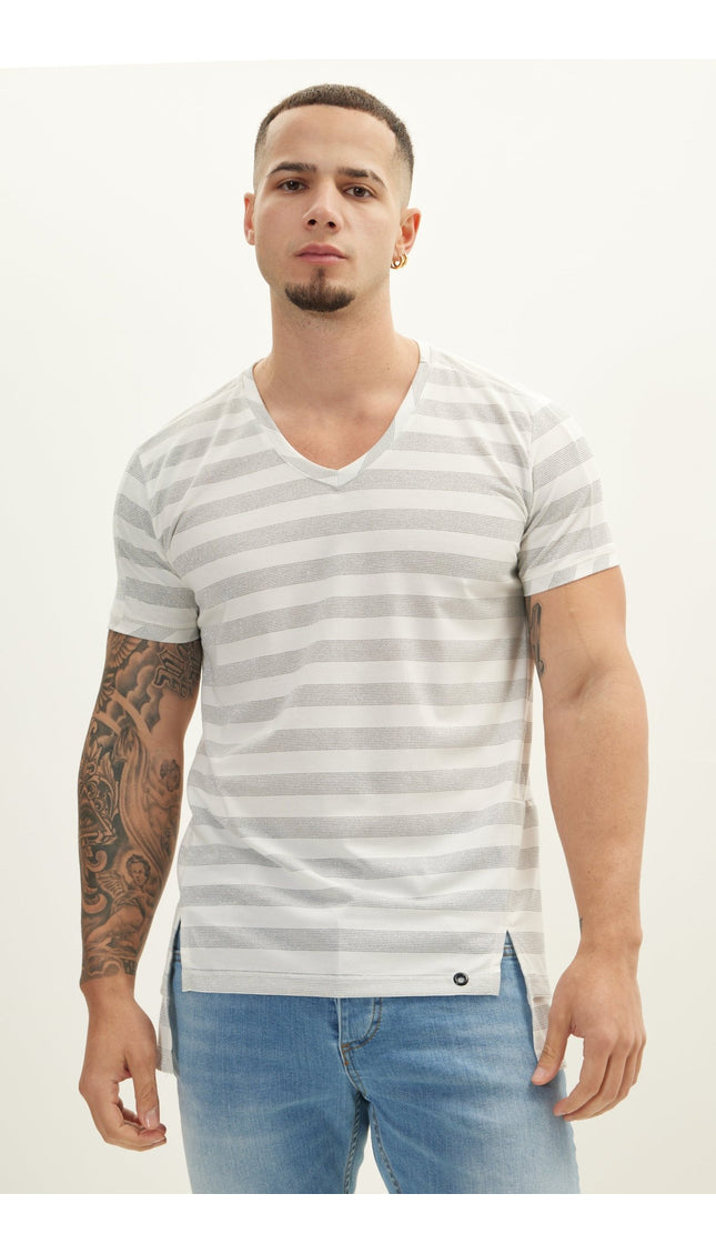 Striped V-Neck T-Shirt - Cream - Ron Tomson