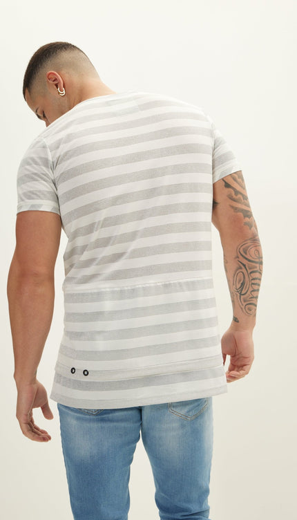 Striped V-Neck T-Shirt - Cream - Ron Tomson