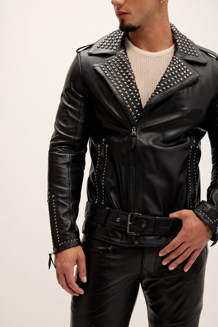 Men's Studded Lambskin Leather Jacket - Black Falcon - Ron Tomson Leather