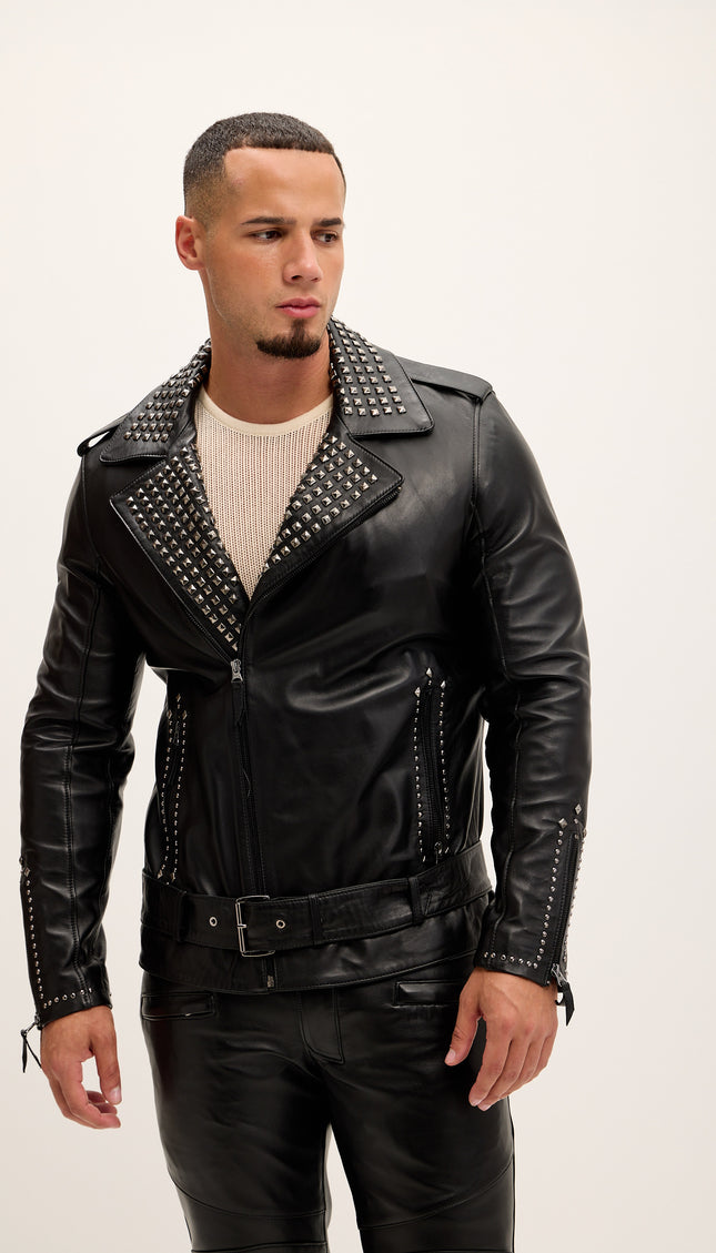 Studded Lambskin Leather Jacket - Black Falcon - Ron Tomson