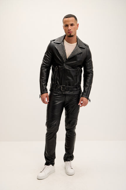 Men's Studded Lambskin Leather Jacket - Black Falcon - Ron Tomson Leather