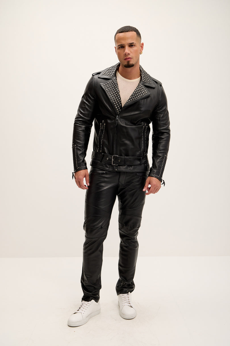 Men's Studded Lambskin Leather Jacket - Black Falcon - Ron Tomson Leather