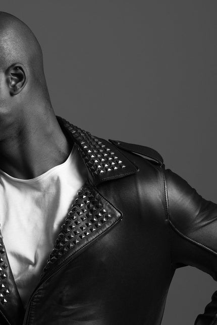Men's Studded Lambskin Leather Jacket - Black Falcon - Ron Tomson Leather