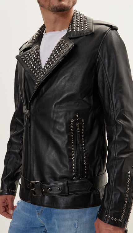 Studded Lambskin Leather Jacket - Black Falcon - Ron Tomson