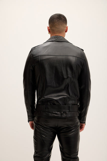 Men's Studded Lambskin Leather Jacket - Black Falcon - Ron Tomson Leather