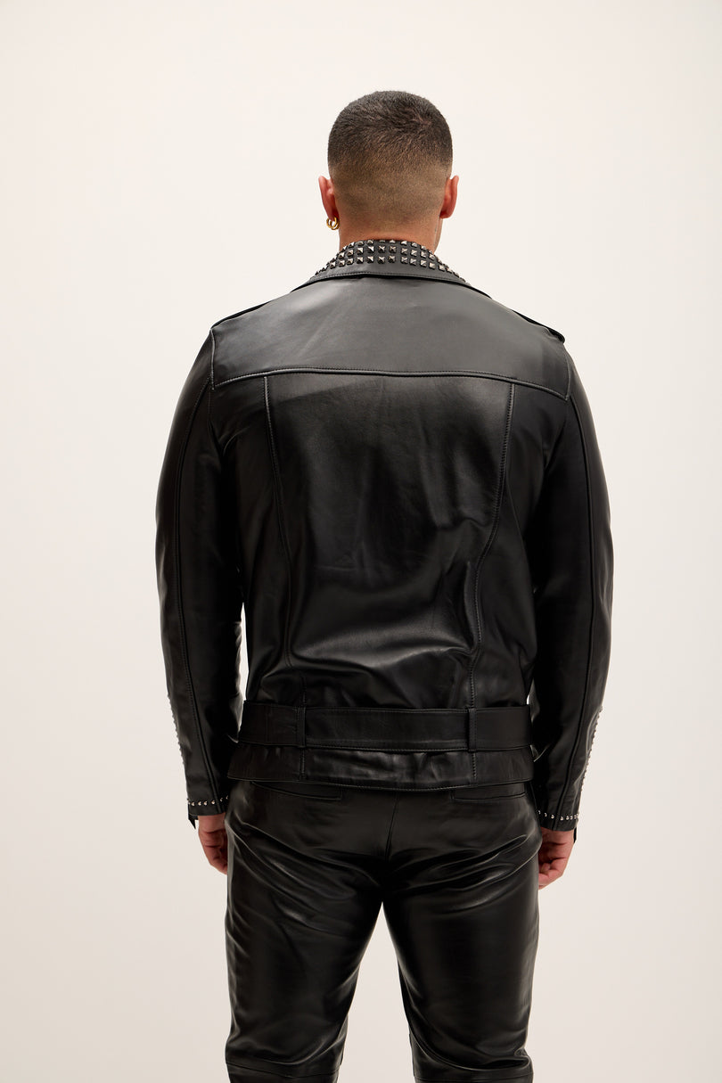 Men's Studded Lambskin Leather Jacket - Black Falcon - Ron Tomson Leather
